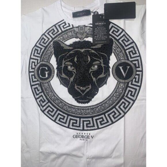 AVENUE GEORGE V Paris Men's‎ White Graphic T-Shirt With Black Panther Rhinestone - Picture 4 of 14